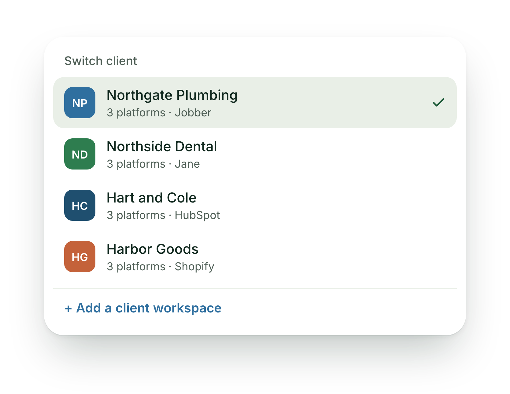 Switch client: Northgate Plumbing, 3 platforms with Jobber, selected; Northside Dental with Jane; Hart and Cole with HubSpot; Harbor Goods with Shopify; add a client workspace.