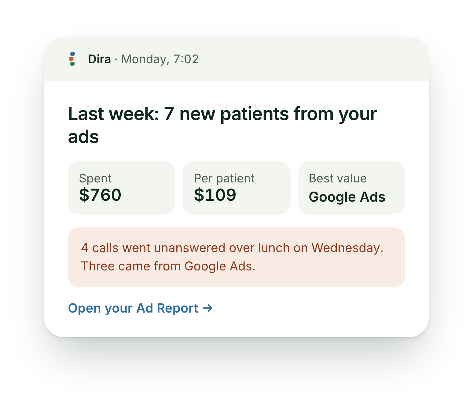 Monday 7:02 email from Dira: last week 7 new patients from your ads, $760 spent, $109 per patient, Google Ads the best value; 4 calls went unanswered over lunch on Wednesday, three from Google Ads.