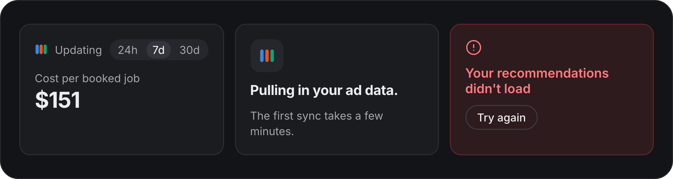 Three screen states: an Updating mark beside the 24h, 7d and 30d switch over a $151 cost per booked job; Pulling in your ad data, the first sync takes a few minutes; Your recommendations didn't load, with Try again.