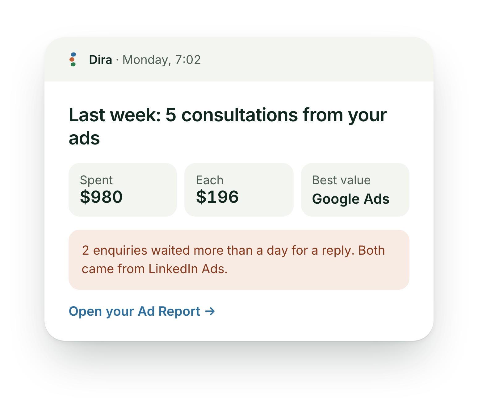 Monday 7:02 email from Dira: last week 5 consultations from your ads, $980 spent, $196 each, Google Ads the best value; 2 enquiries waited more than a day for a reply, both from LinkedIn Ads.